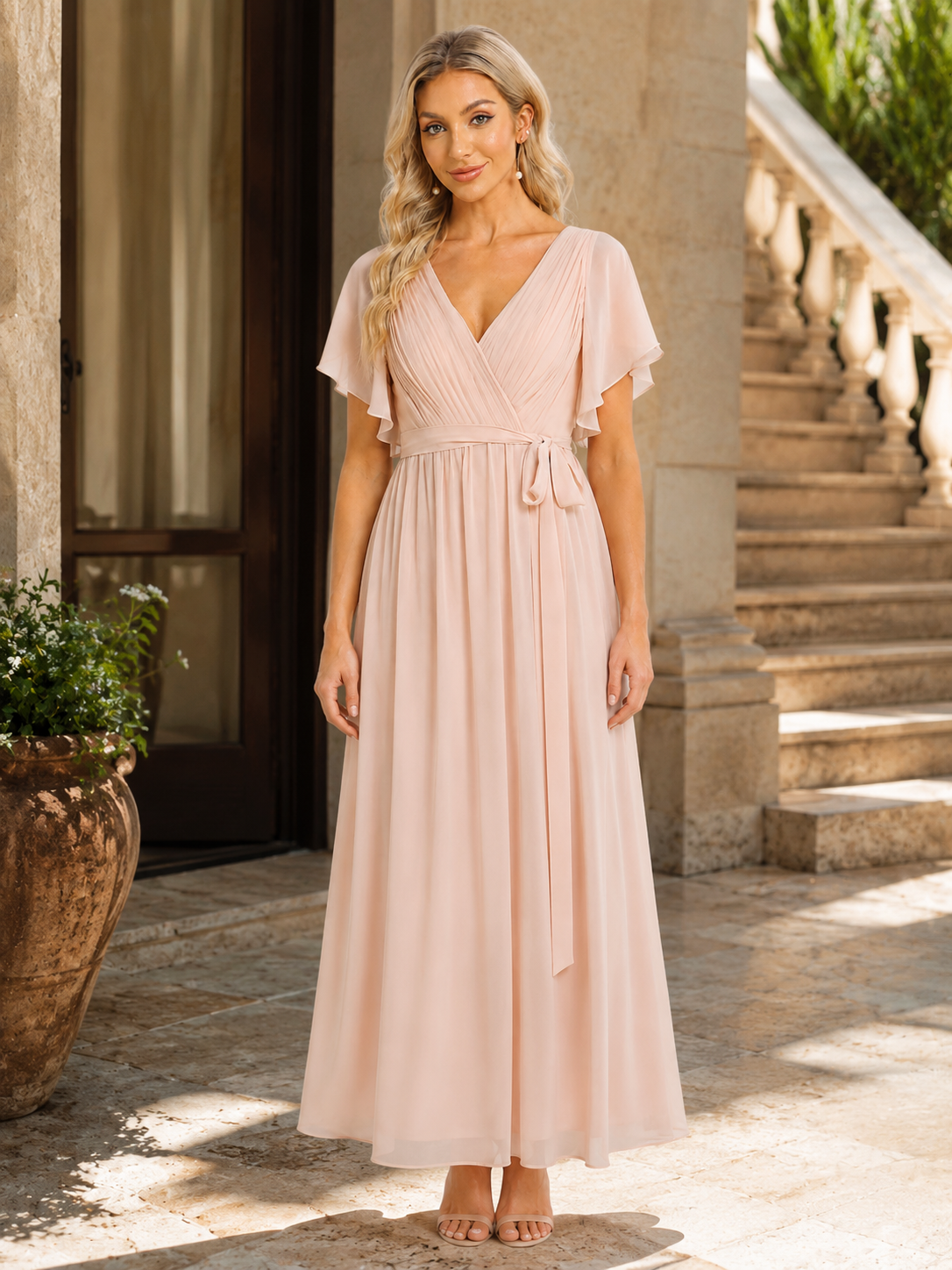 Dahlia Ruffle Sleeve Deep V Chiffon Maxi Dress