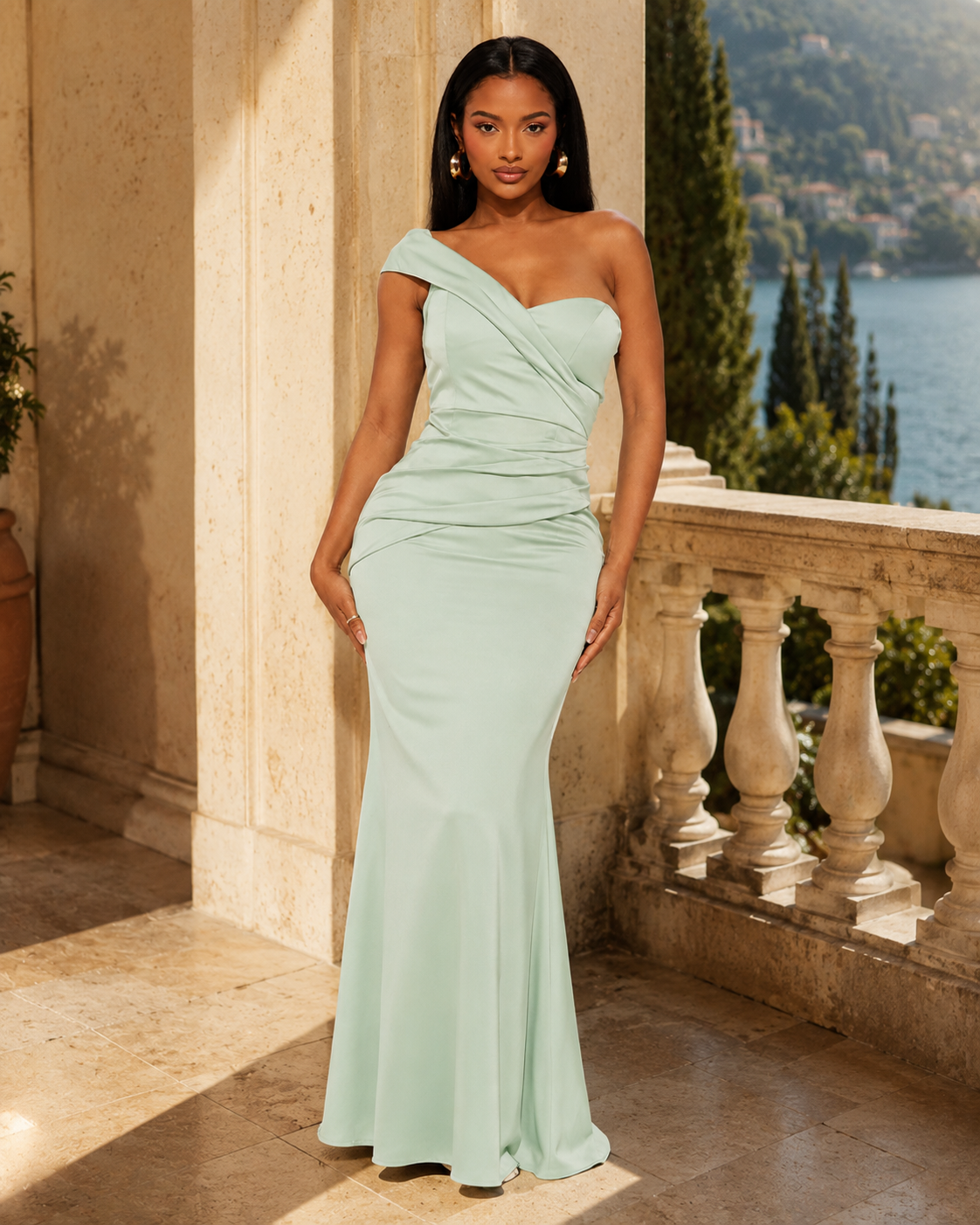 Lettie One Shoulder Satin Mermaid Prom Dress in Light Green