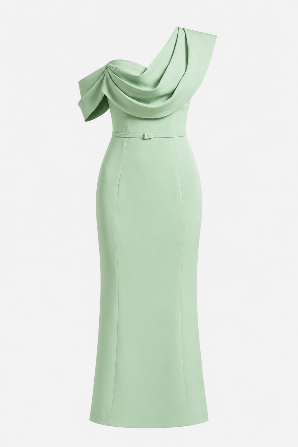 Guinevere One Shoulder Draped Satin Prom Dress in Sage Green