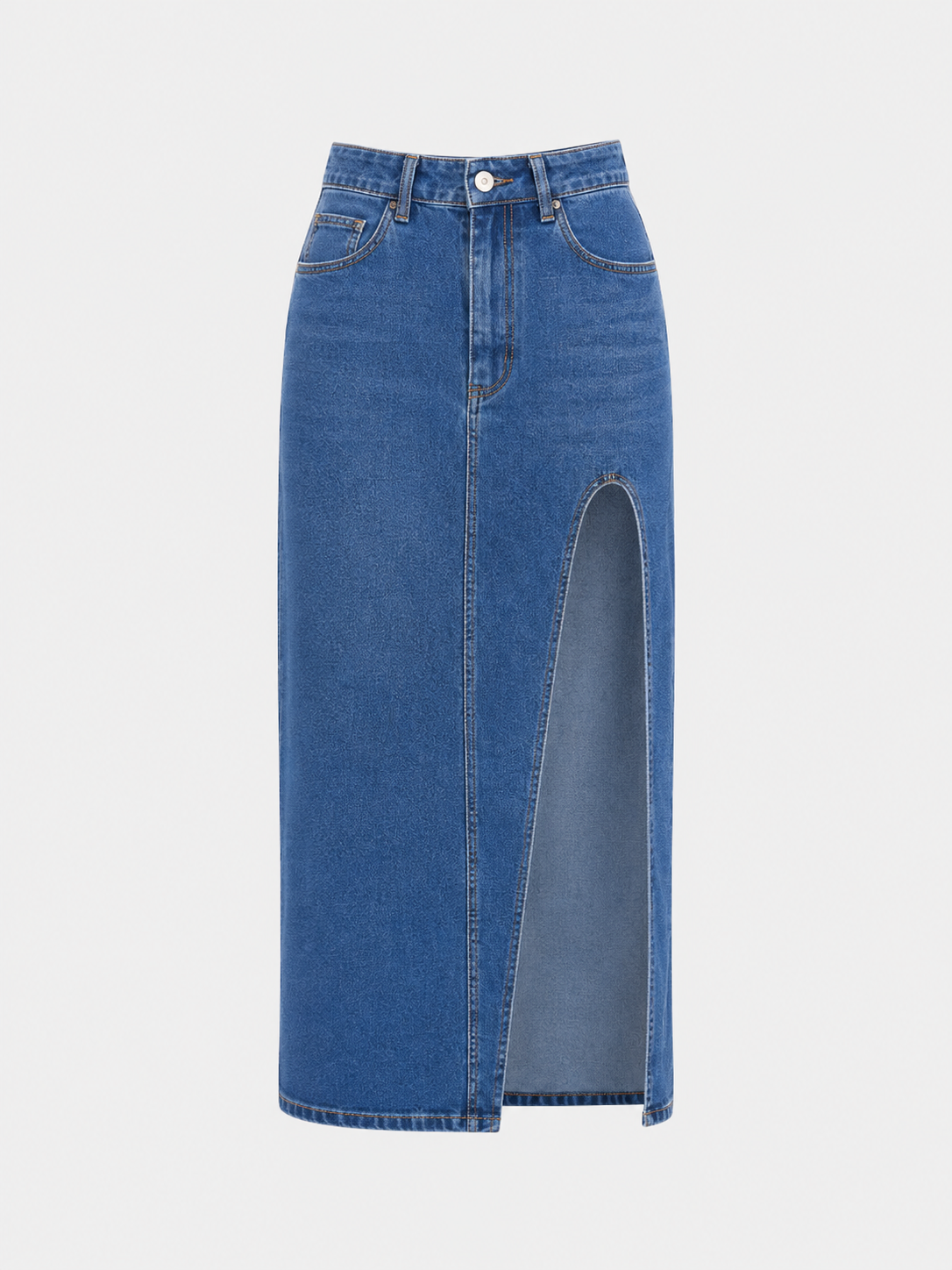 Robyn Asymmetric High Slit Denim Midi Skirt in Blue