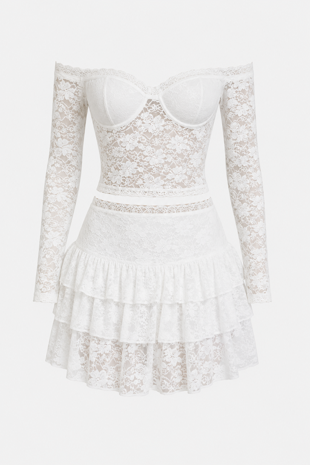 Delilah Off Shoulder Sheer Lace Top and Mini Skirt Set