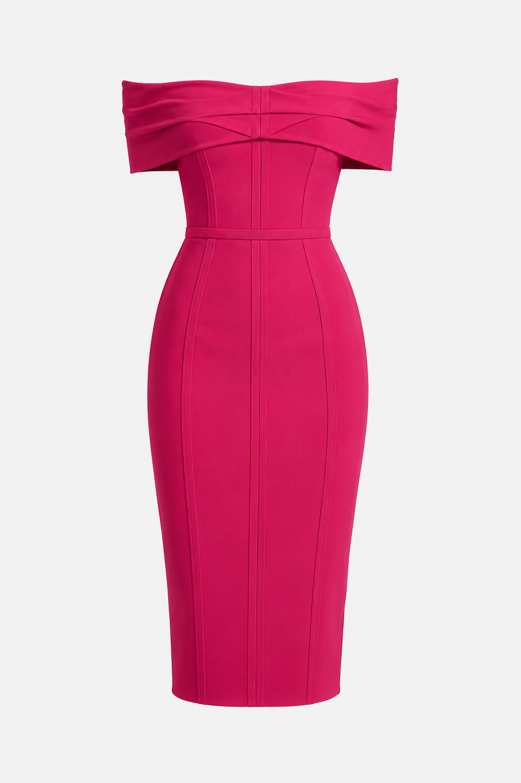 Nova Off Shoulder Bandage Bodycon Midi Dress in Fuchsia