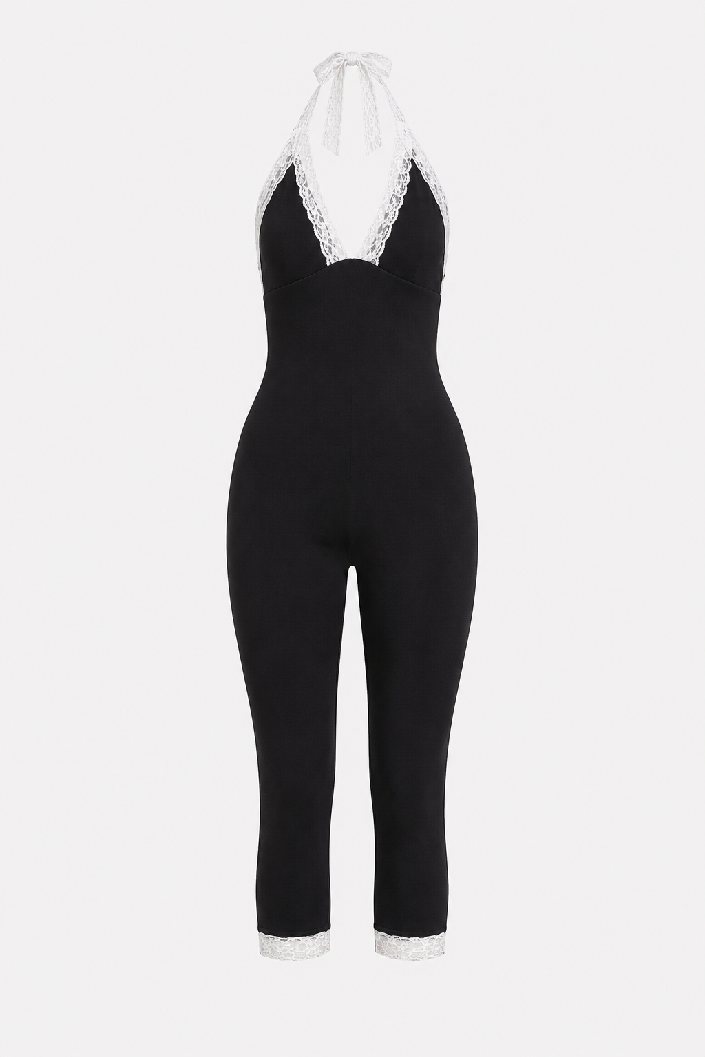 Thea Lace Panel V-Neck Cropped Slim Jumpsuit in Black