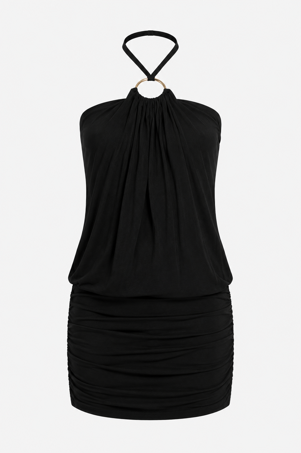 Bea Halter Tie Back Ruched Bodycon Mini Dress in Black