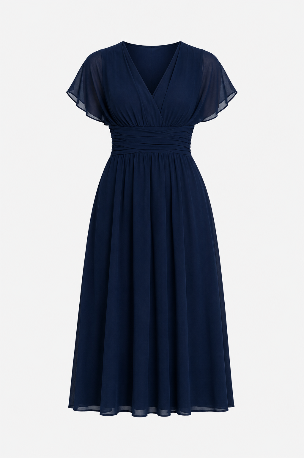 Adele Flutter Mesh Sleeve Chiffon Midi Dress in Navy