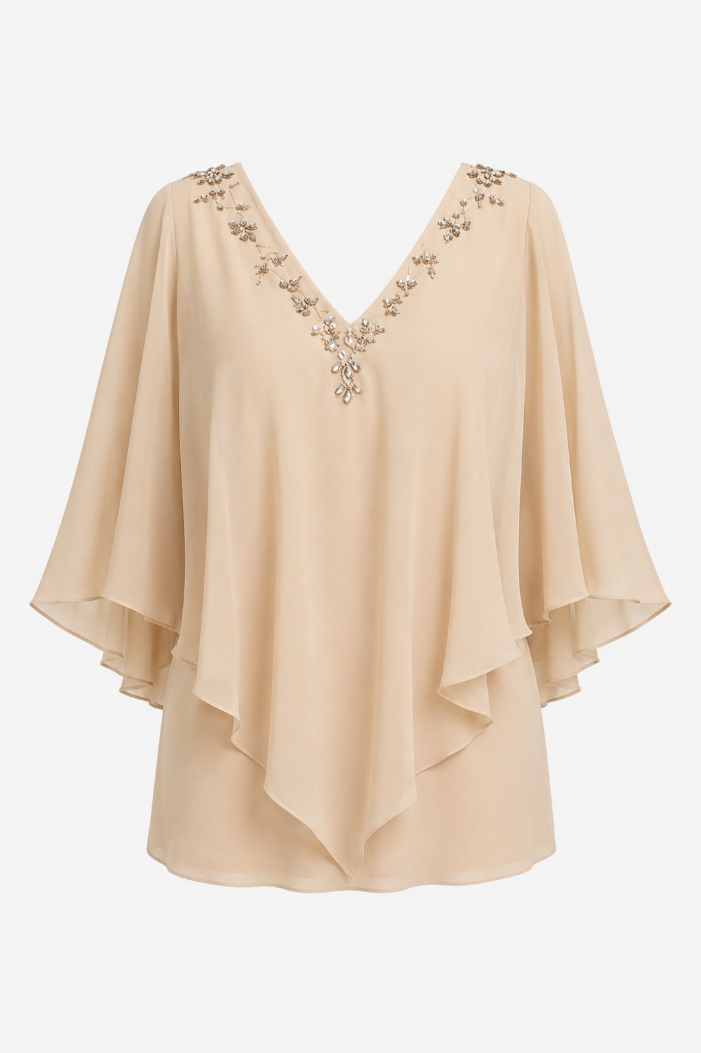 Constance Crystal Chiffon Tea Length Dress with Sleeves