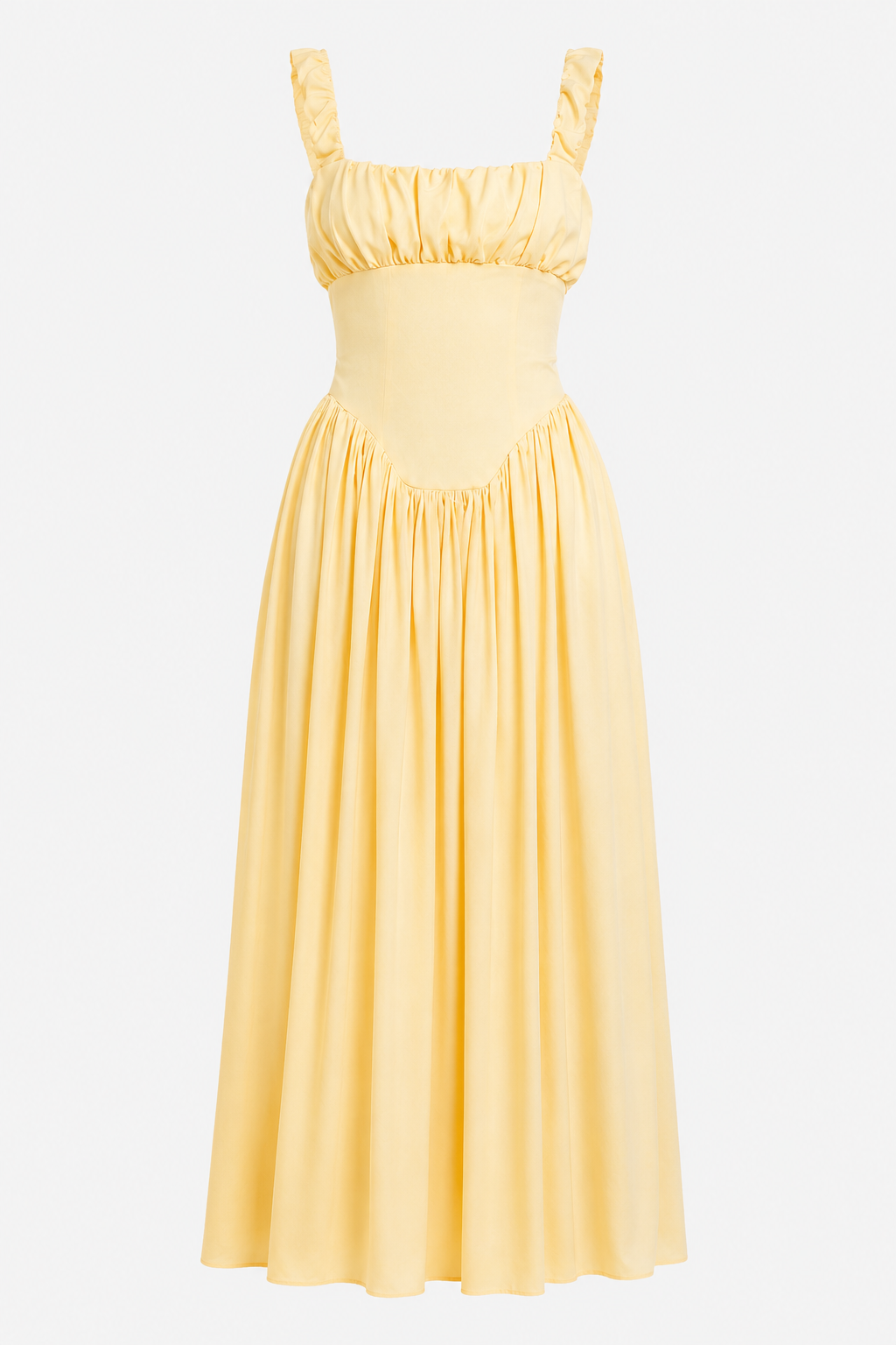 Juliet Satin Square Neck Backless Pleated Midi Dress in Yellow