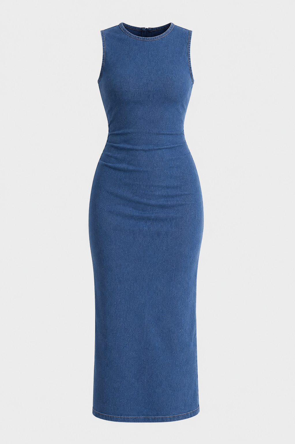 Jodie Sleeveless Bodycon Denim Maxi Dress in Blue