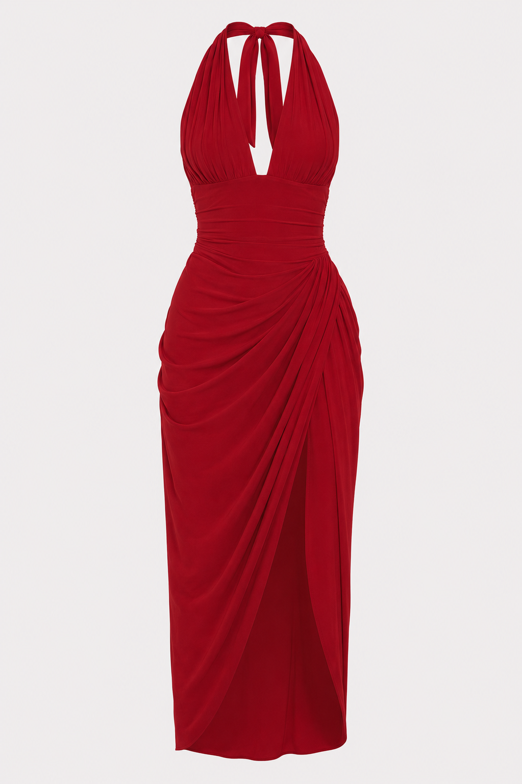 Xanthe Halter Deep V Ruched High Slit Satin Maxi Dress