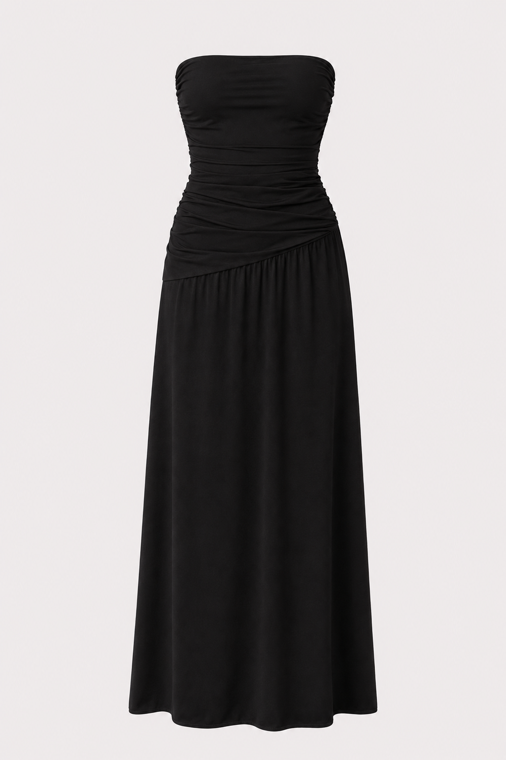 Blythe Strapless Ruched Lace-Up Maxi Dress in Black