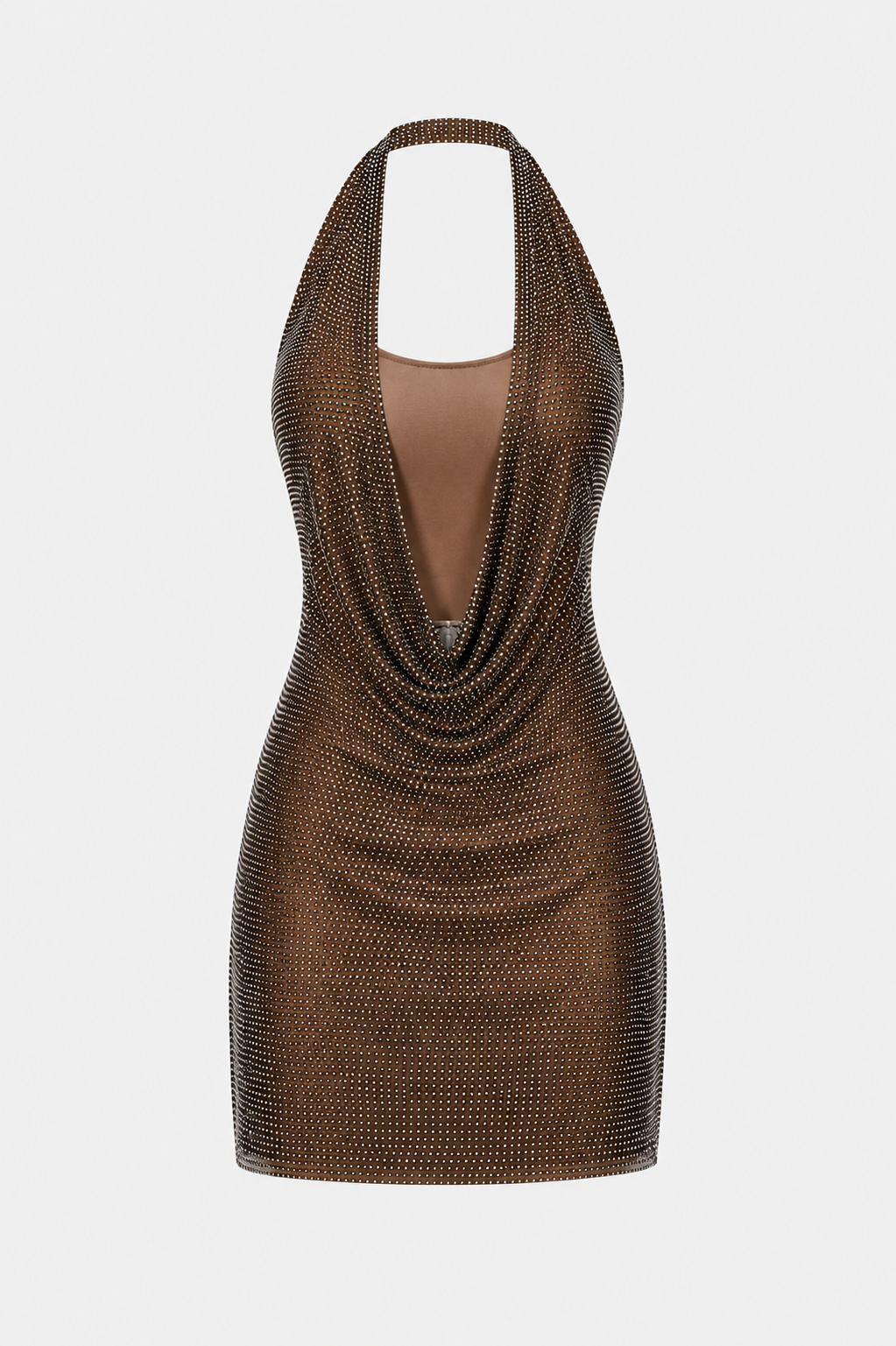 Roxy Rhinestone Crystal Mesh Halter Mini Dress in Brown