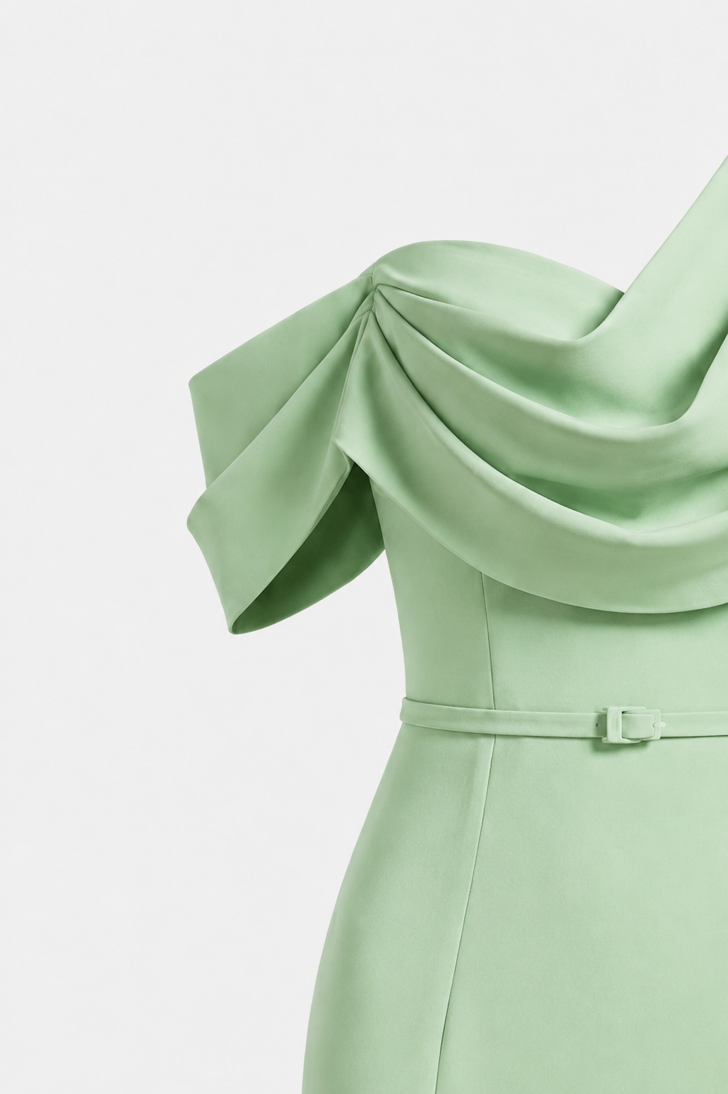Guinevere One Shoulder Draped Satin Prom Dress in Sage Green