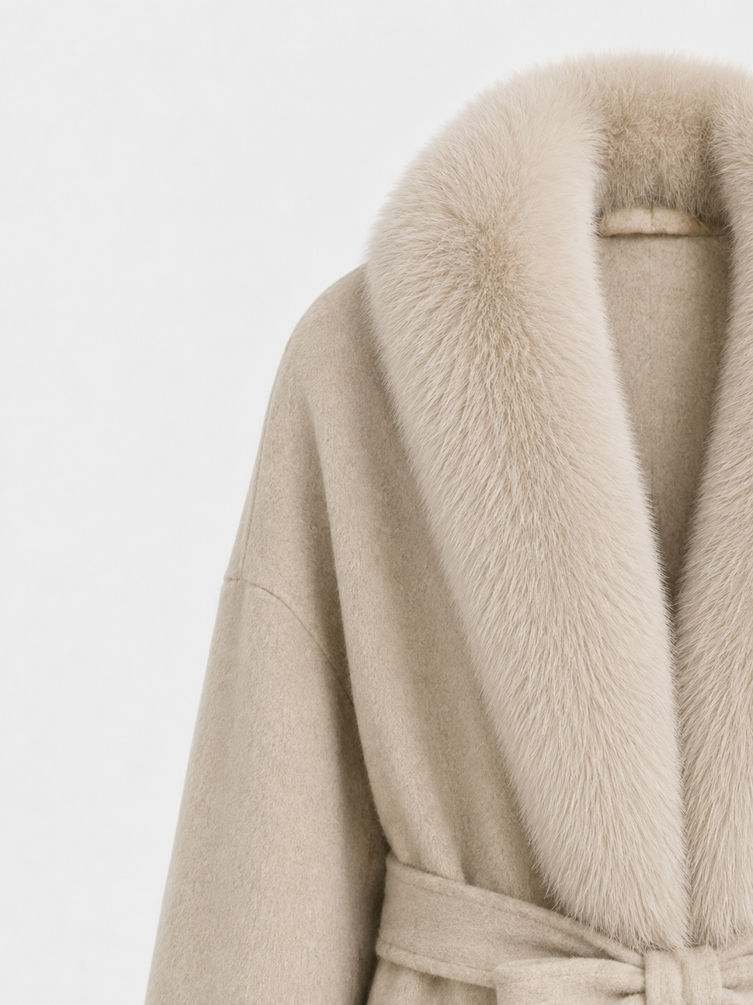 Oona Belted Wool Coat with Fur Trim Hood in Grey