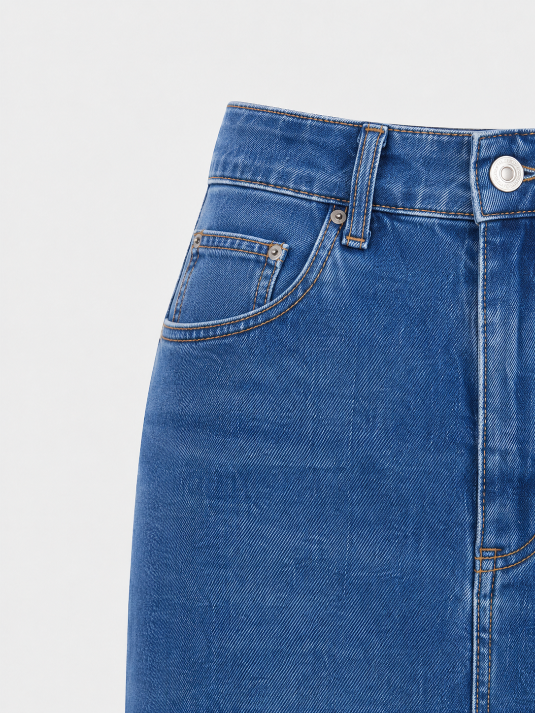 Robyn Asymmetric High Slit Denim Midi Skirt in Blue