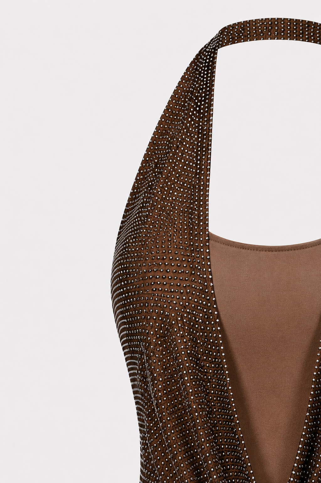 Roxy Rhinestone Crystal Mesh Halter Mini Dress in Brown