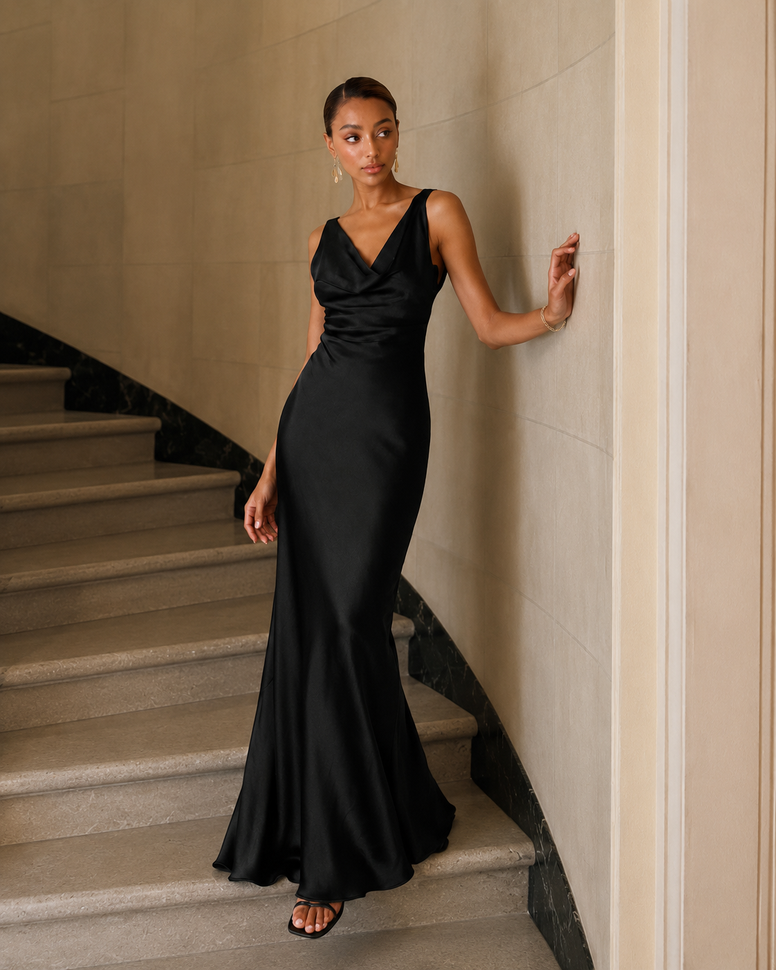 Willa Satin Cowl Neck Scoop Back Maxi Dress in Black