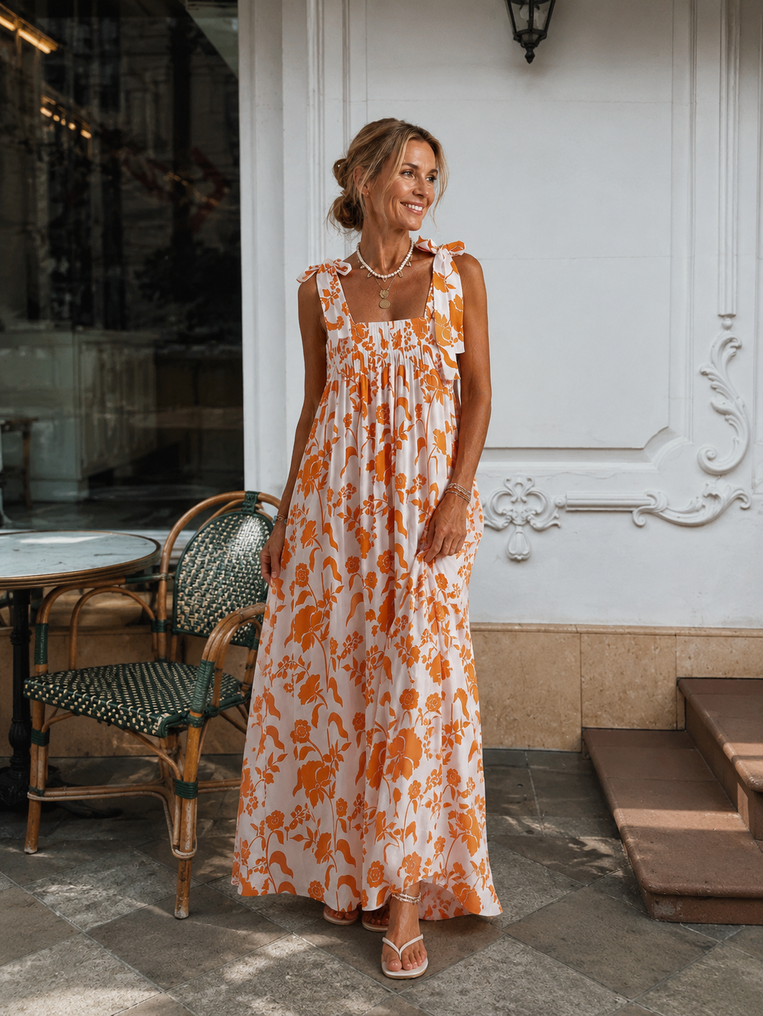 Romy Square Neck Tie Strap Boho Print Maxi Dress