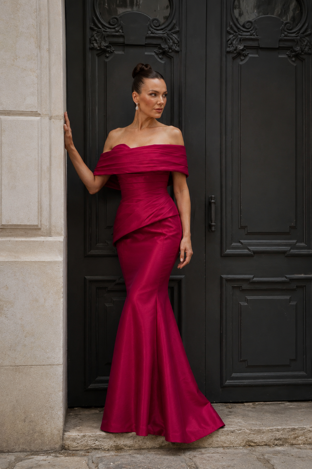Isolde Off Shoulder Fishtail Evening Dress with Slit