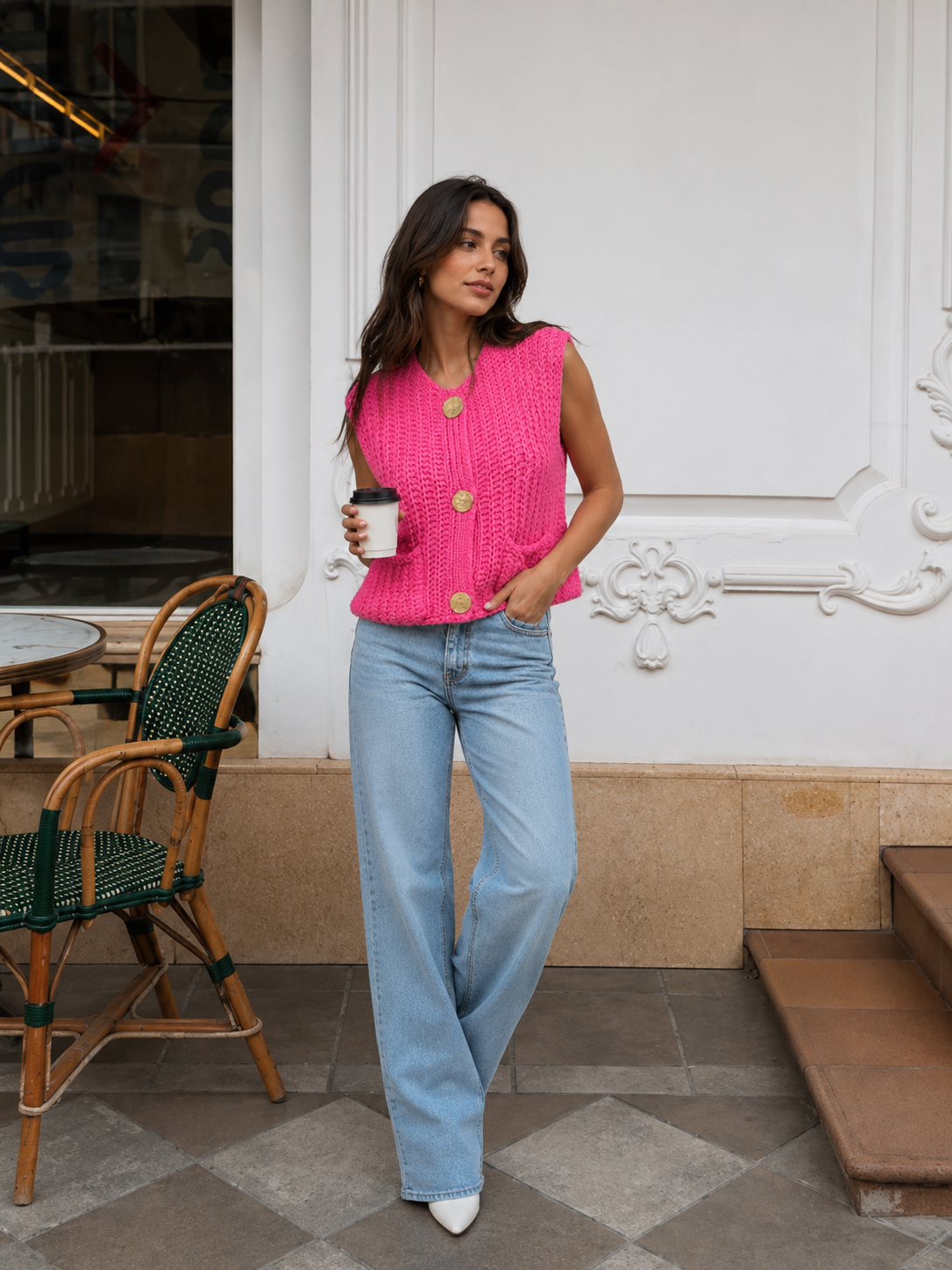 Nancy Sleeveless Crochet Knit Button Cardigan Gilet