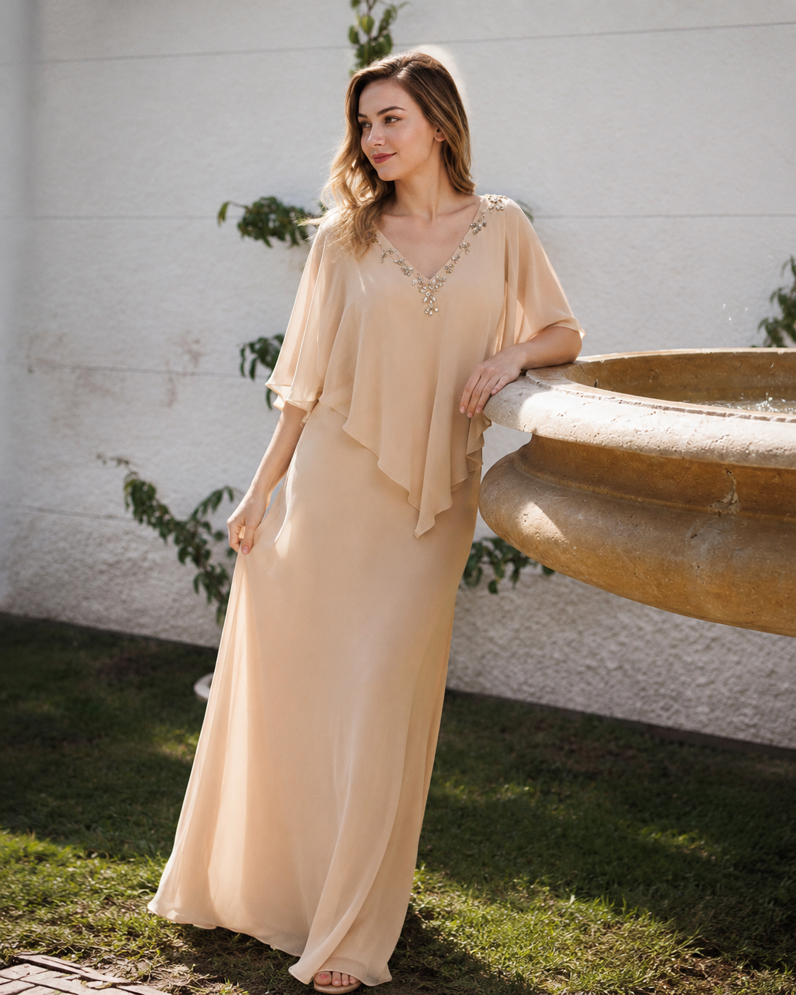 Constance Crystal Chiffon Tea Length Dress with Sleeves