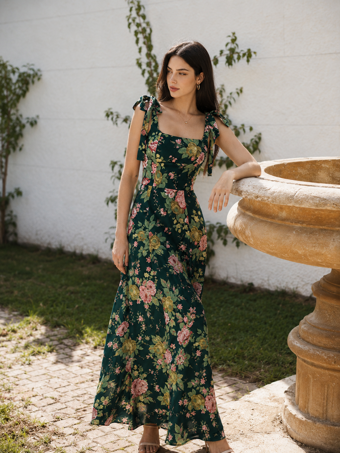 Camille Square Neck Floral Midi Dress in Vintage Green