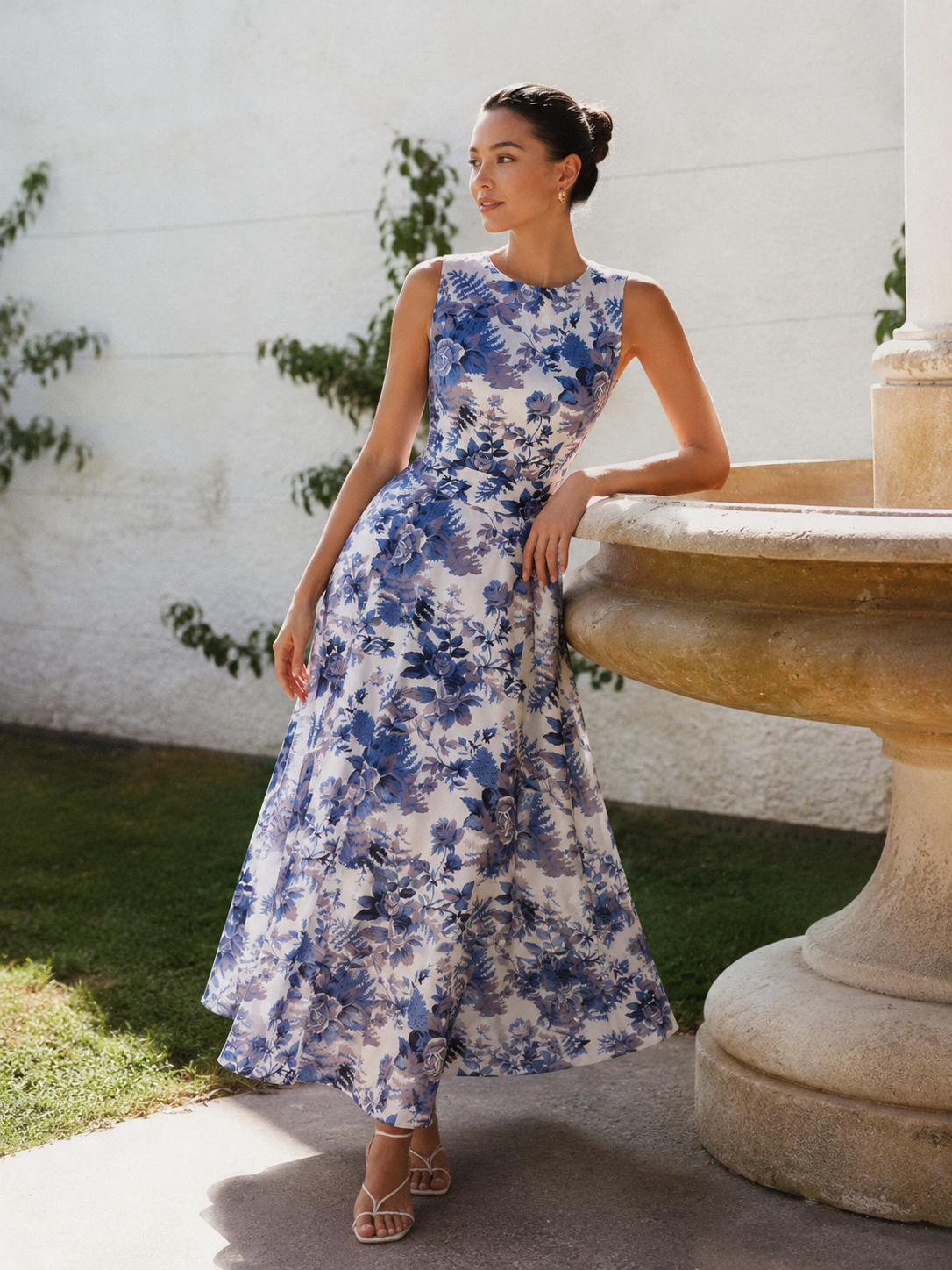 Audrey Round Neck Vintage Floral Midi Dress in Sky Blue