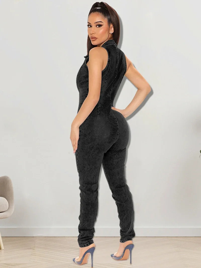 Darcy Sleeveless V-Neck Slim Fit Denim Jumpsuit