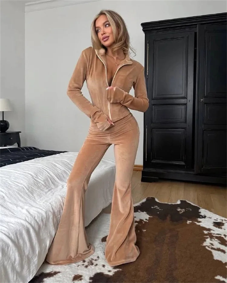 Jools Velvet Zip Jacket and Flared Trousers Set