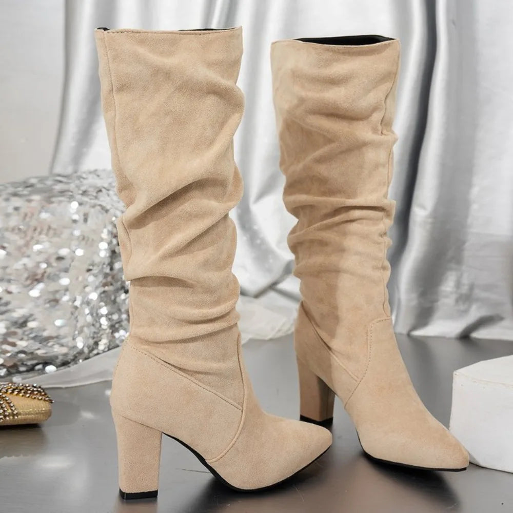 Agnes Suede Effect Block Heel Pointed Mid Calf Boots