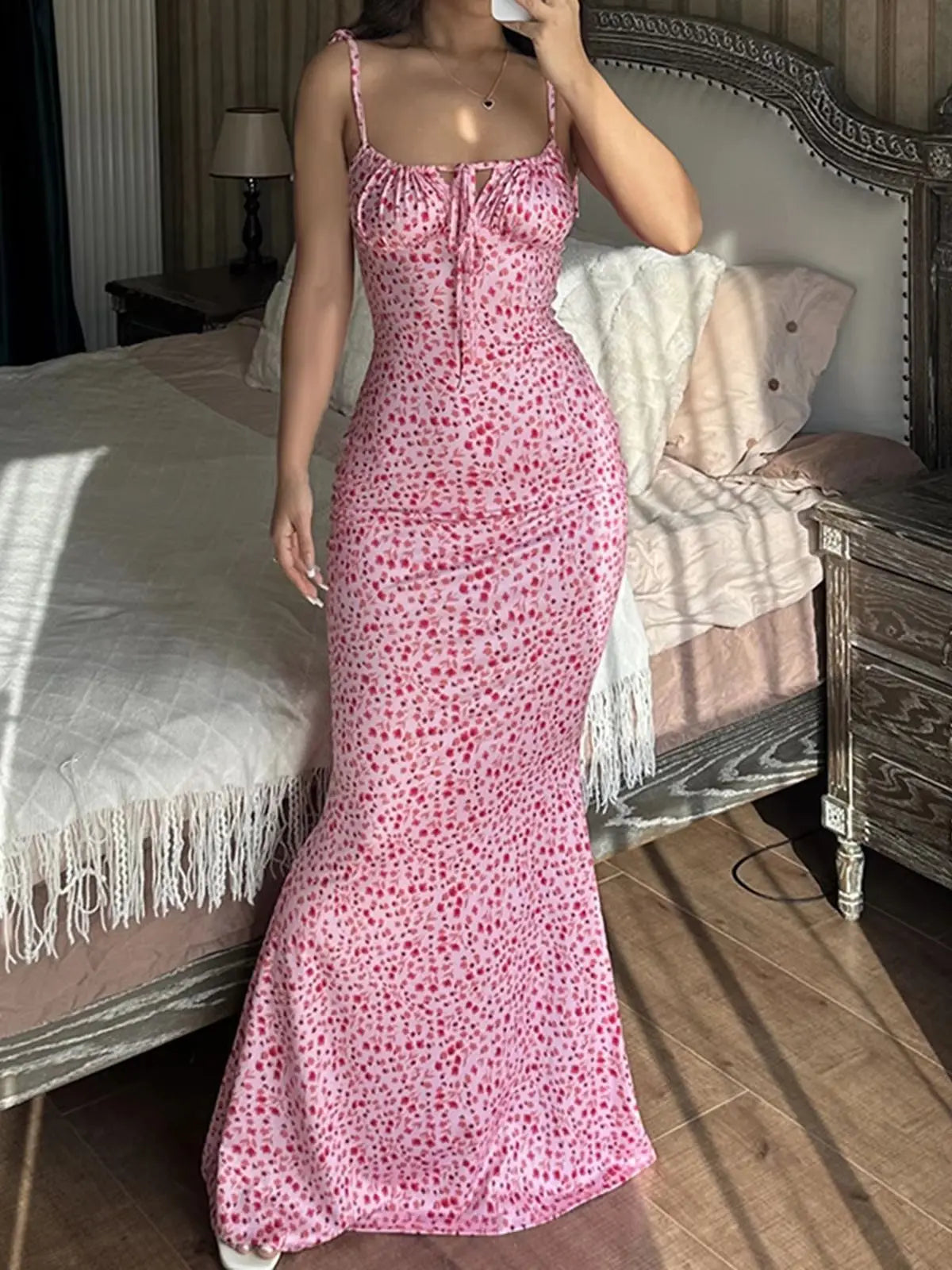 Iris Tie Strap Floral Midi Dress with Leg Split