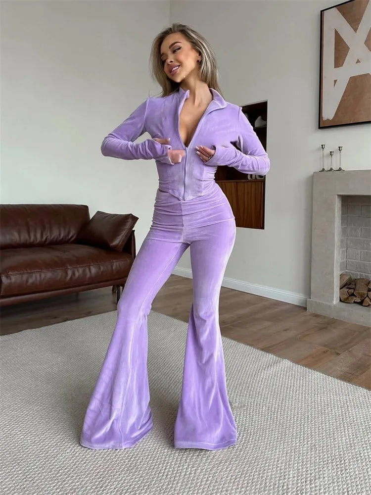 Jools Velvet Zip Jacket and Flared Trousers Set
