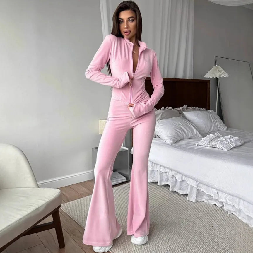 Jools Velvet Zip Jacket and Flared Trousers Set