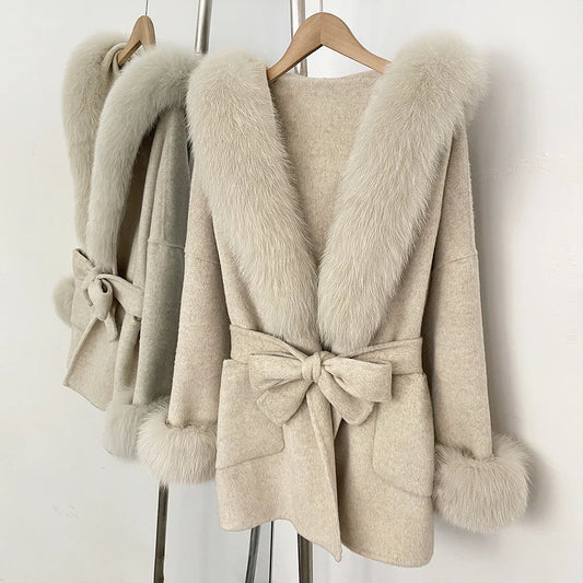 Oona Belted Wool Coat with Fur Trim Hood in Oatmeal