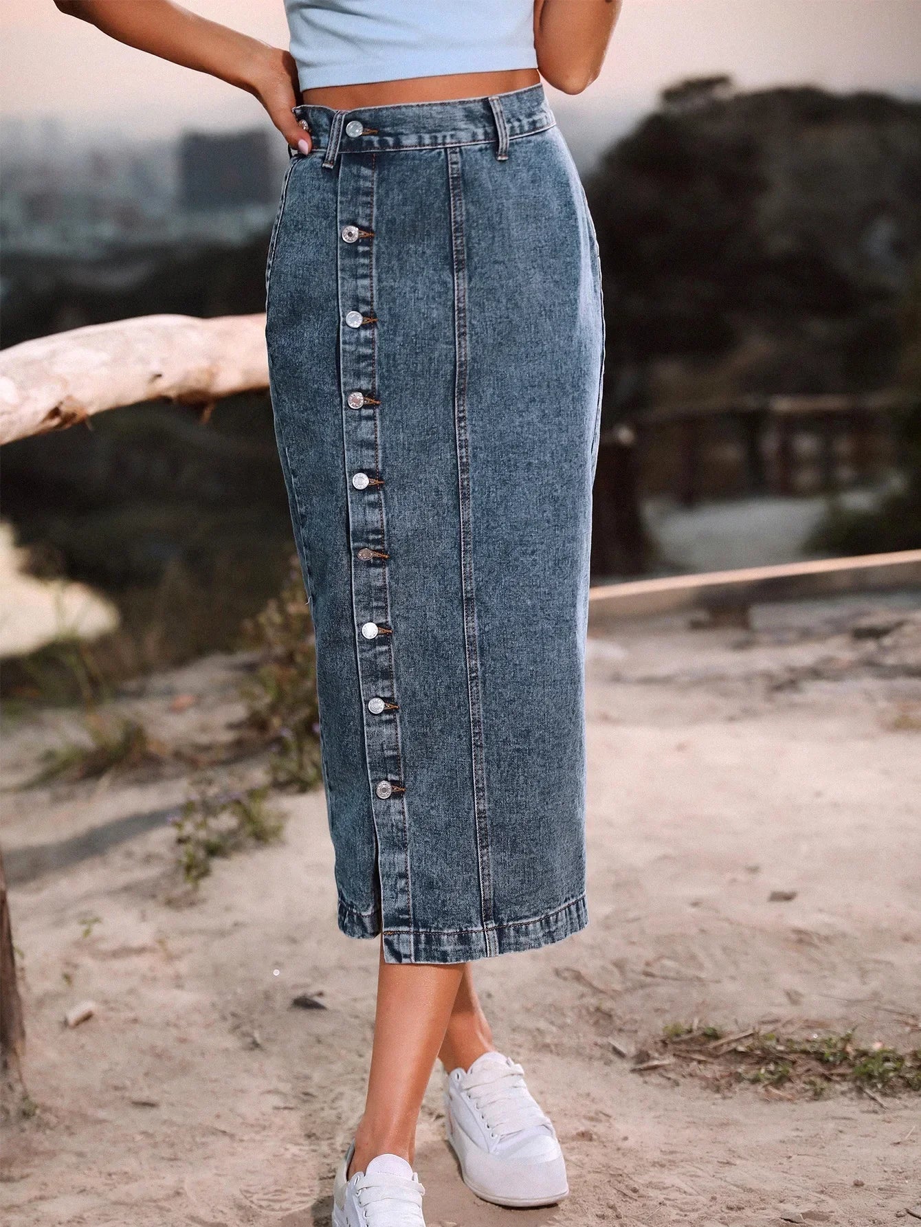 Billie High Waisted Straight Cut Denim Midi Skirt