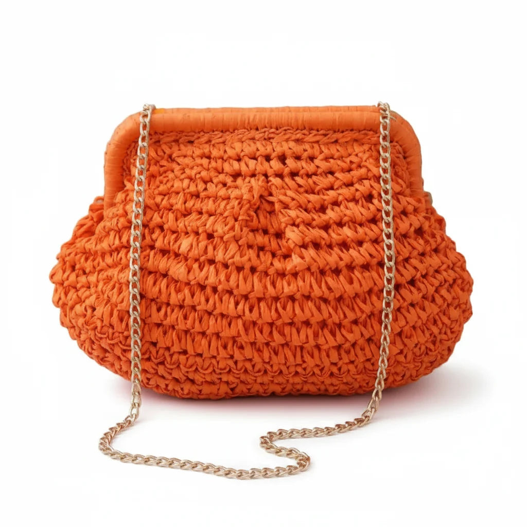 Crystal Palace Woven Straw Clutch Bag with Chain Strap