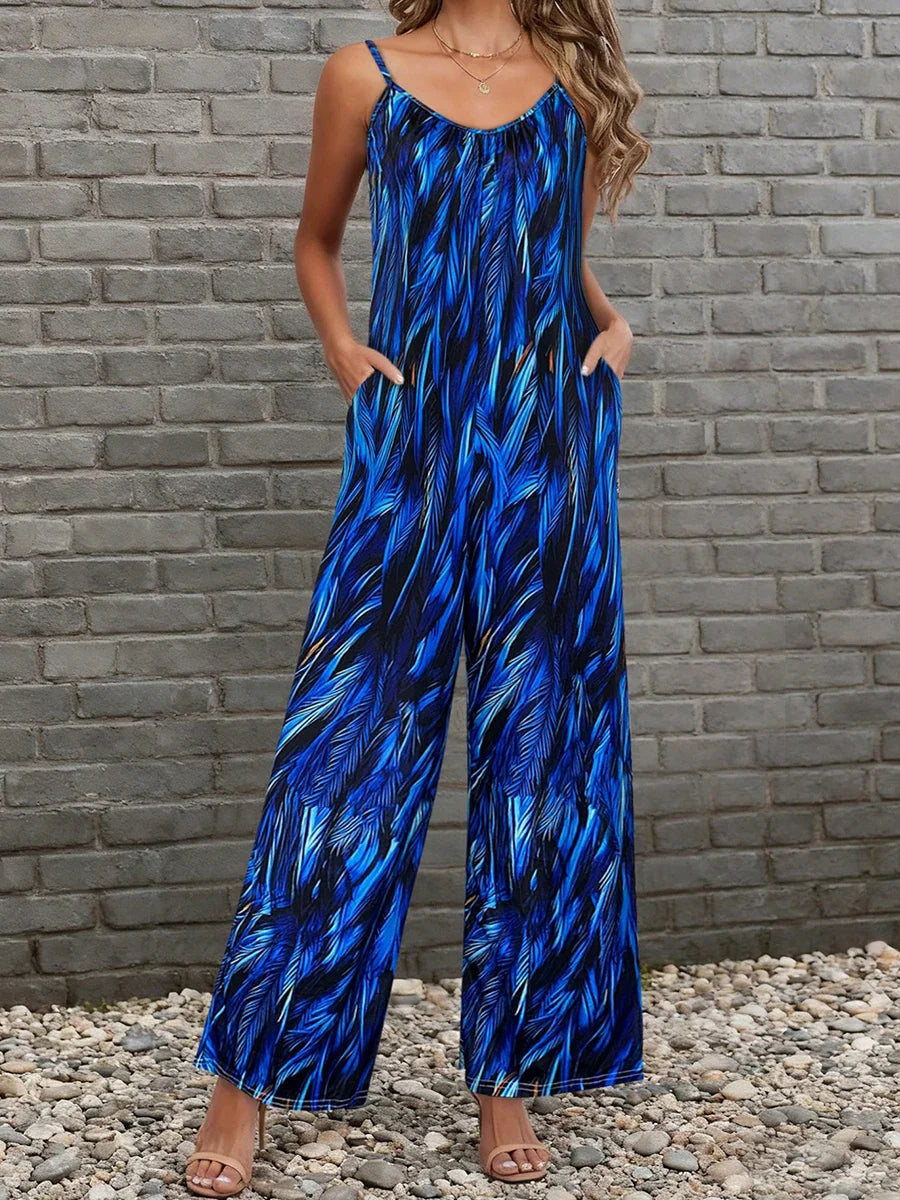 Isla Feather Print Sleeveless Wide Leg Jumpsuit in Blue