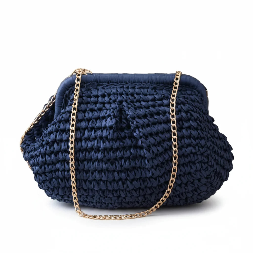Crystal Palace Woven Straw Clutch Bag with Chain Strap