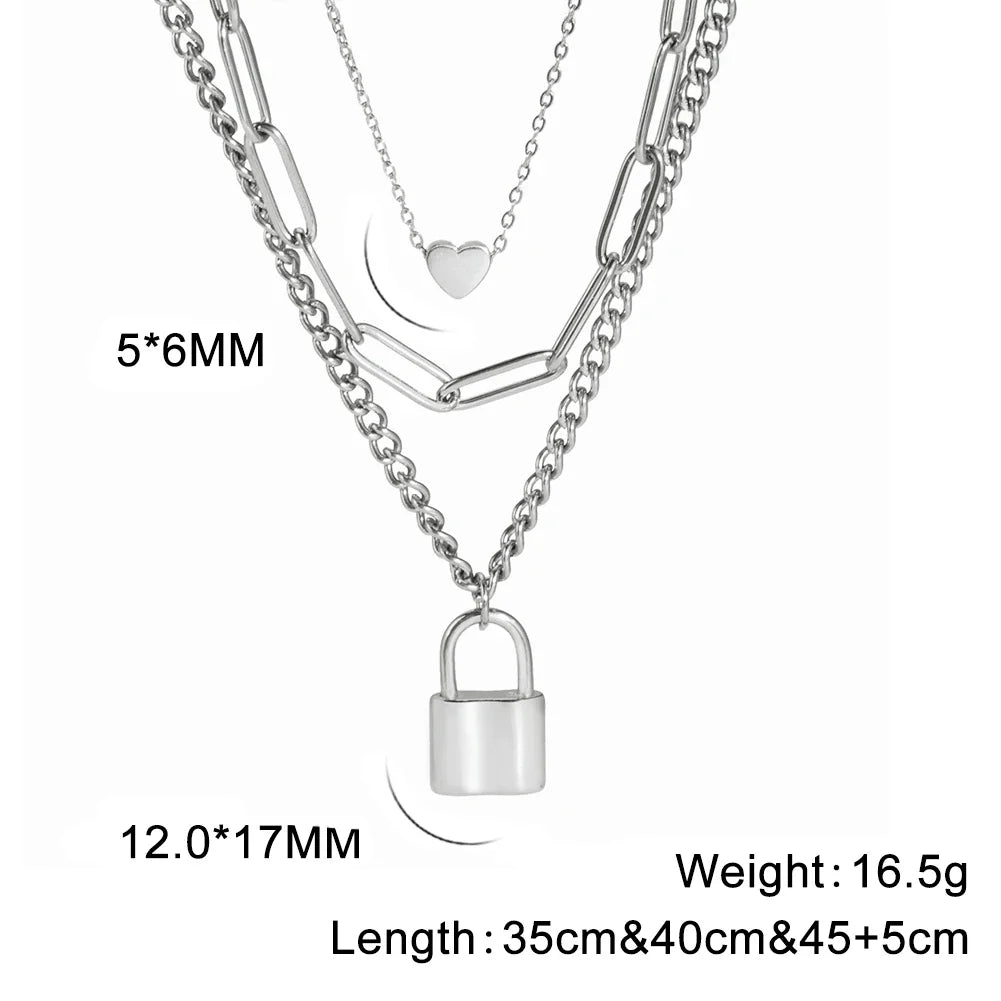 Lois Heart Lock Layered Stainless Steel Necklace