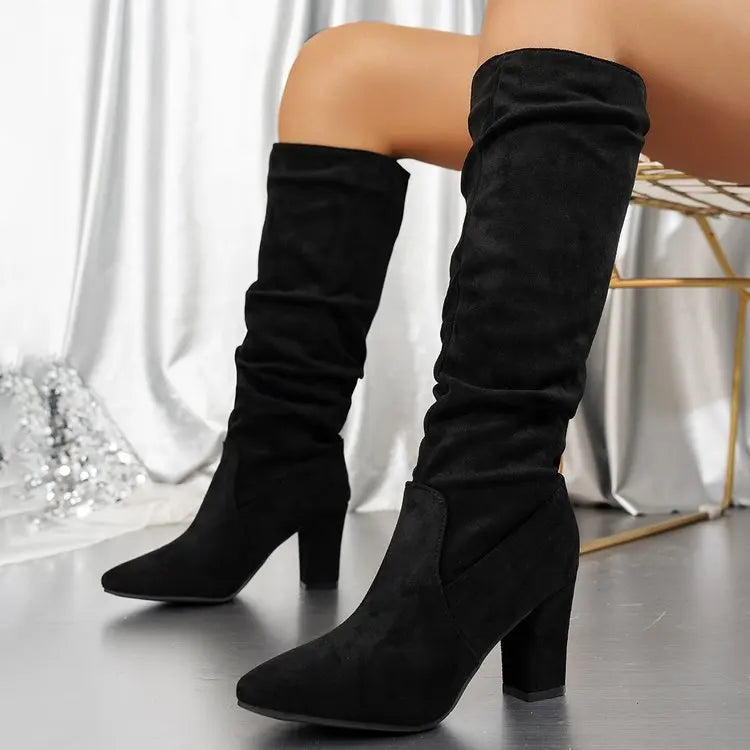Agnes Suede Effect Block Heel Pointed Mid Calf Boots