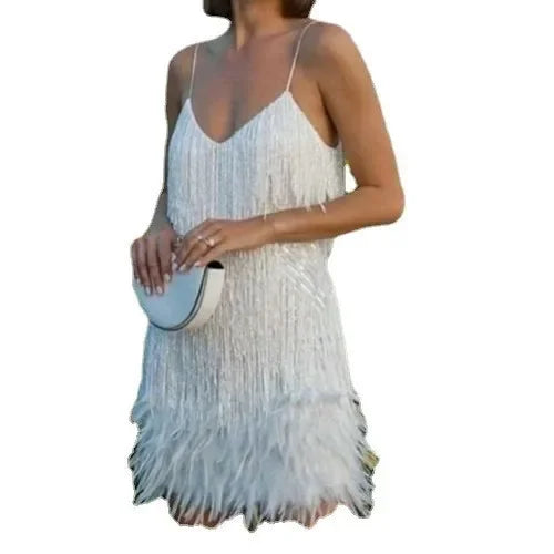Celeste Sleeveless Sequin Feather Fringe Party Dress