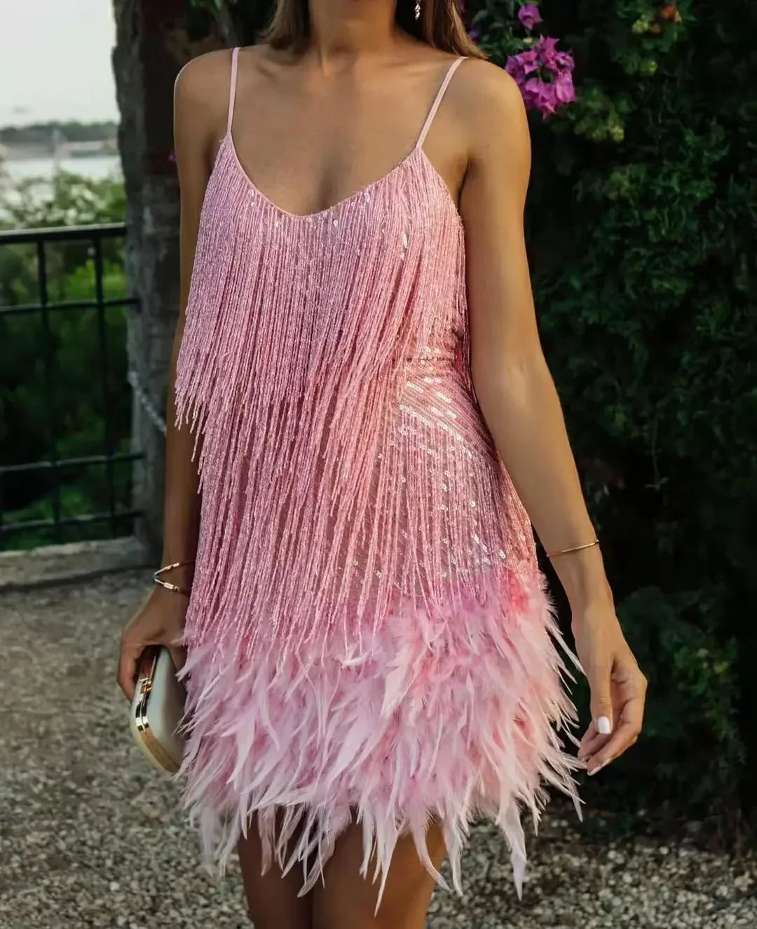 Celeste Sleeveless Sequin Feather Fringe Party Dress