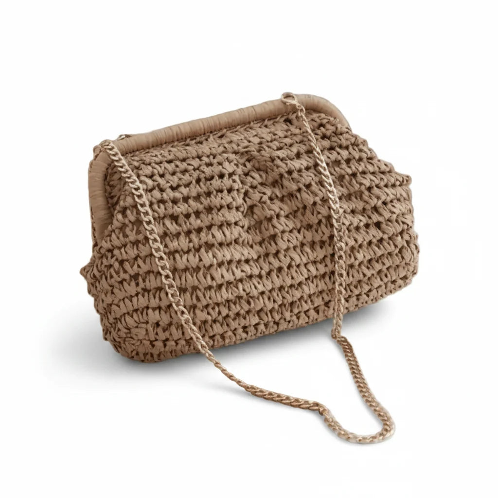 Crystal Palace Woven Straw Clutch Bag with Chain Strap