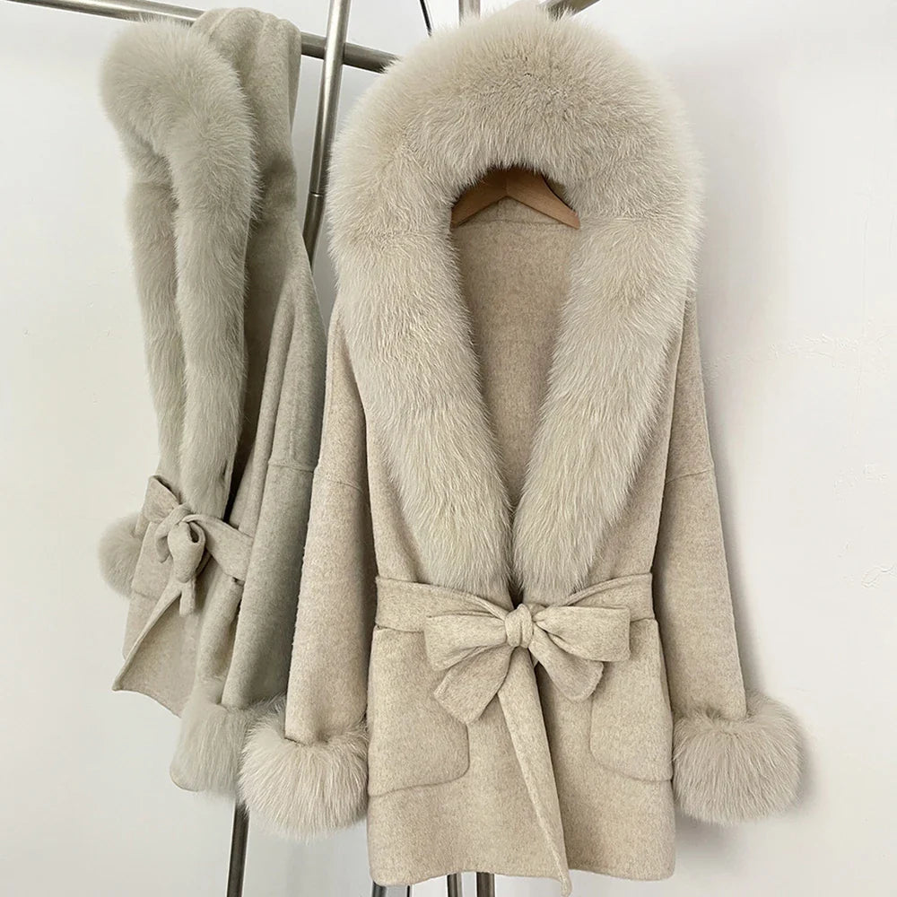 Oona Belted Wool Coat with Fur Trim Hood in Oatmeal