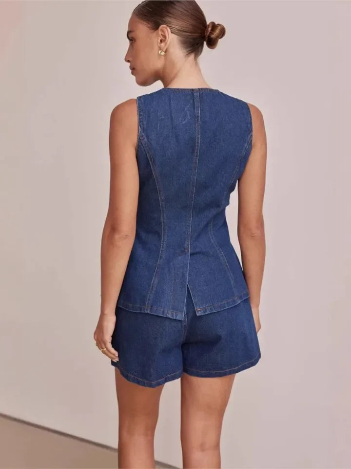 Cassia Waist Cinched Top and Denim Shorts Co-ord Set