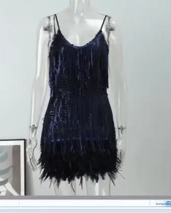 Celeste Sleeveless Sequin Feather Fringe Party Dress