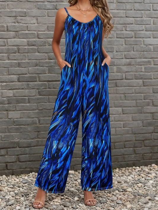 Isla Feather Print Sleeveless Wide Leg Jumpsuit in Blue