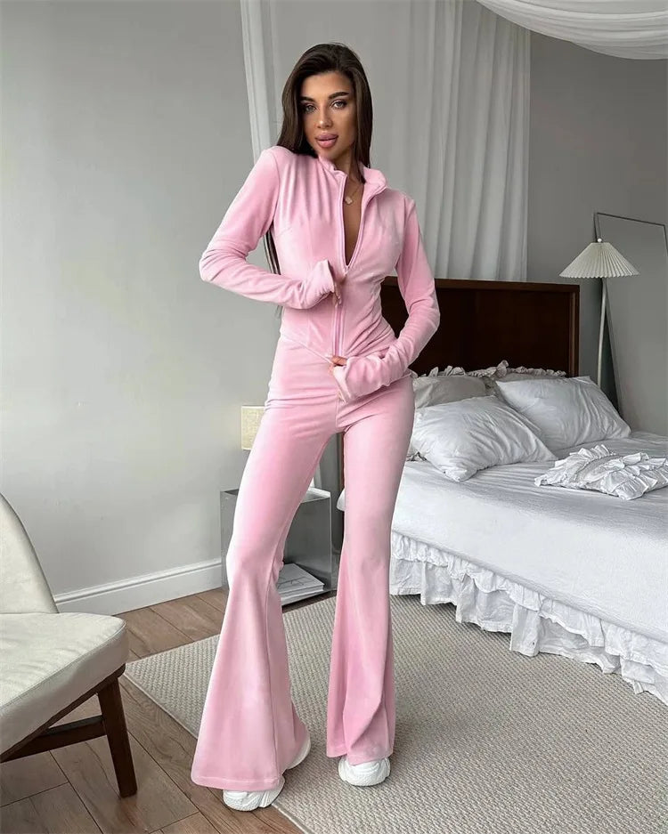 Jools Velvet Zip Jacket and Flared Trousers Set