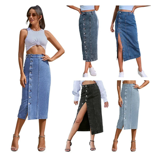 Billie High Waisted Straight Cut Denim Midi Skirt