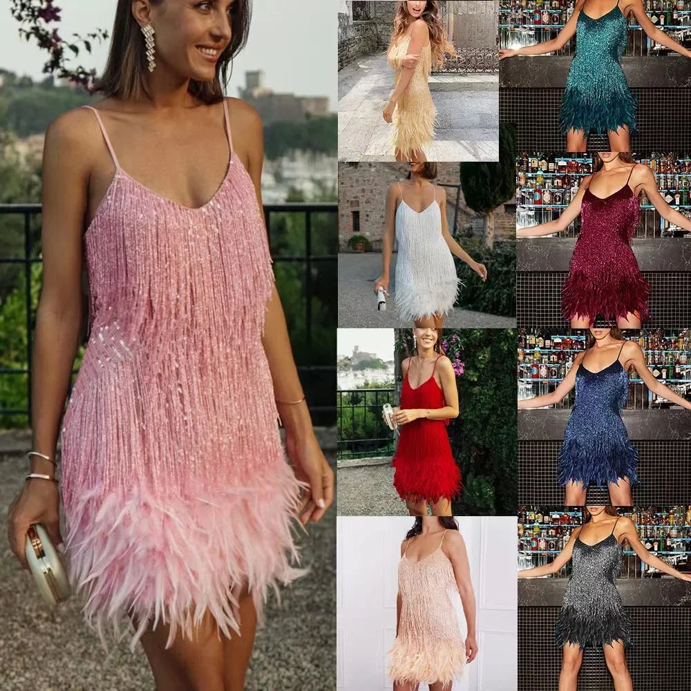 Celeste Sleeveless Sequin Feather Fringe Party Dress