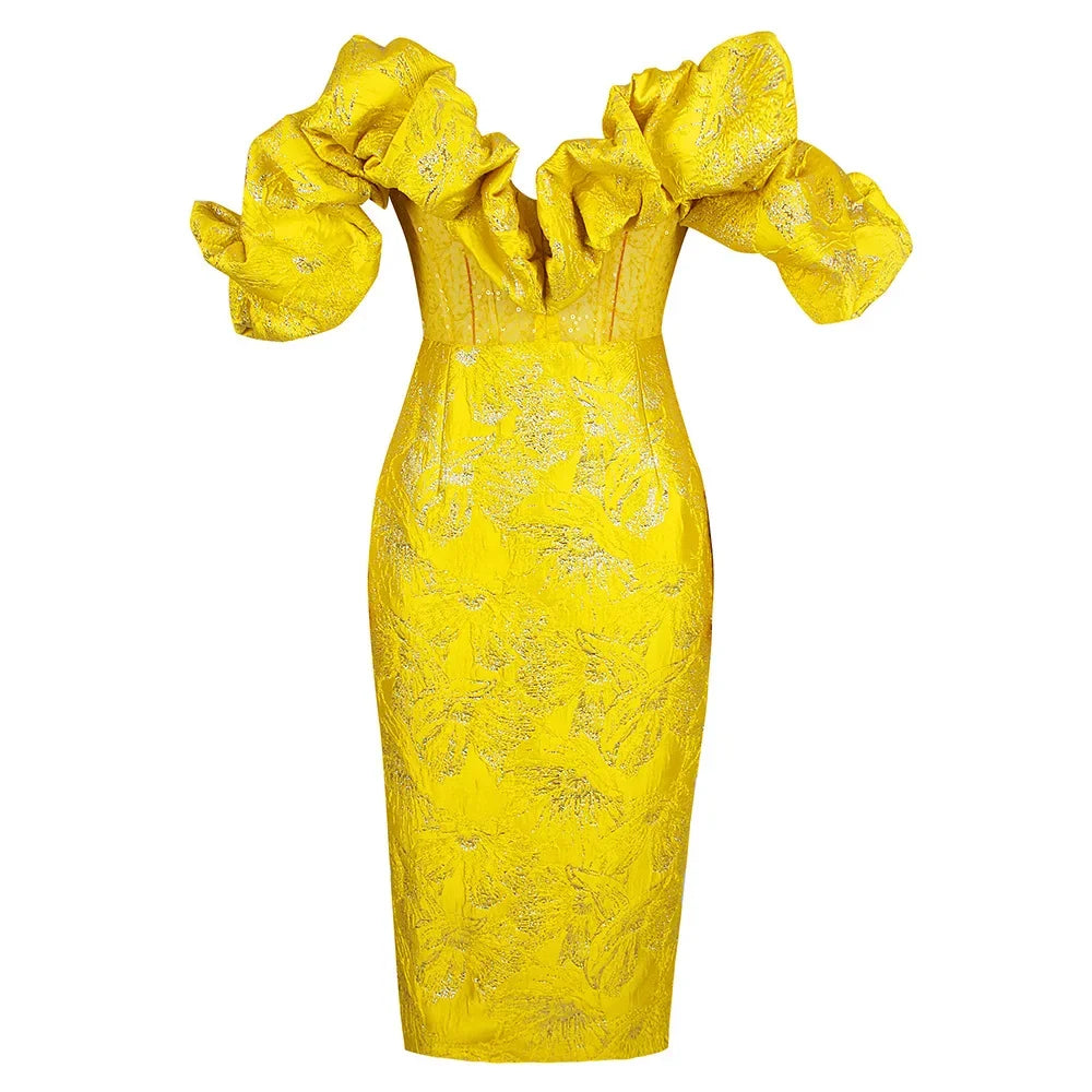 Marigold Ruffle Trim Sequin Jacquard Dress in Yellow